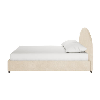 Lunia Bouclé Bed with Gas Lift - Cream Beige Super King, showcasing a plush, textured surface and gas lift storage feature, offering both elegance and practicality in a modern bedroom setting.