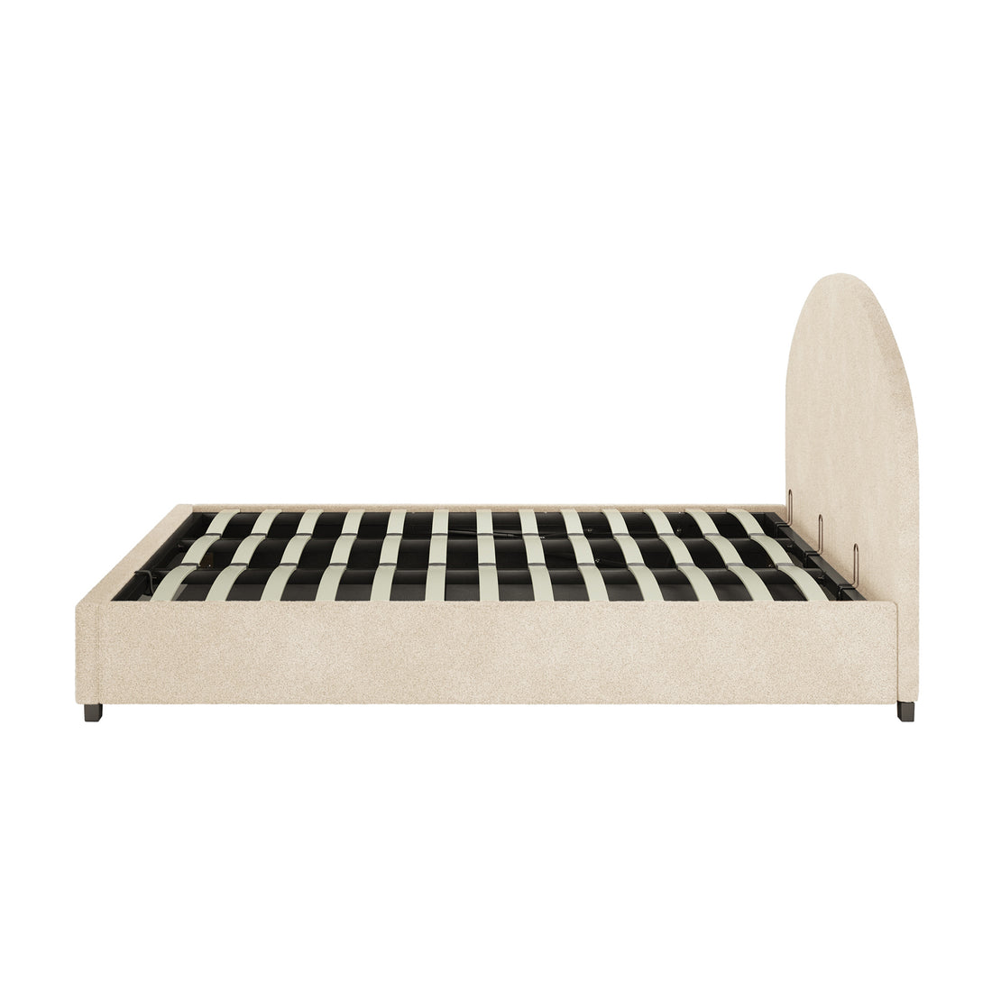 Lunia Bouclé Bed with Gas Lift - Cream Beige Super King features a black and white frame with a sleek design, highlighting its gas lift storage mechanism, enhancing both style and practicality.