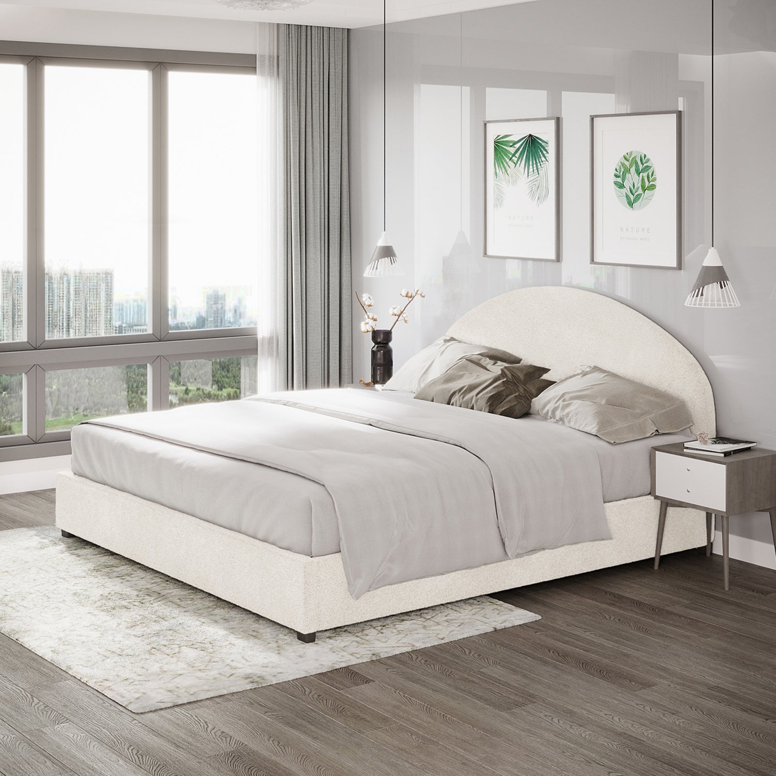 Lunia Super King Bouclé Bed Frame with Gas Lift Storage – Cream White is centered in a bright bedroom, showcasing its plush bouclé upholstery, gently arched headboard, and spacious under-bed storage.