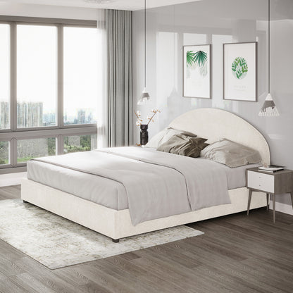 Lunia Super King Bouclé Bed Frame with Gas Lift Storage – Cream White is centered in a bright bedroom, showcasing its plush bouclé upholstery, gently arched headboard, and spacious under-bed storage.