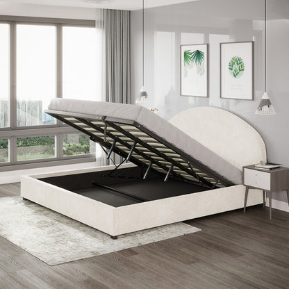 Lunia Super King Bouclé Bed Frame with Gas Lift Storage in a modern bedroom, showcasing its open storage compartment. Features cream upholstery, mid-century nightstand, pendant lights, and botanical prints nearby.