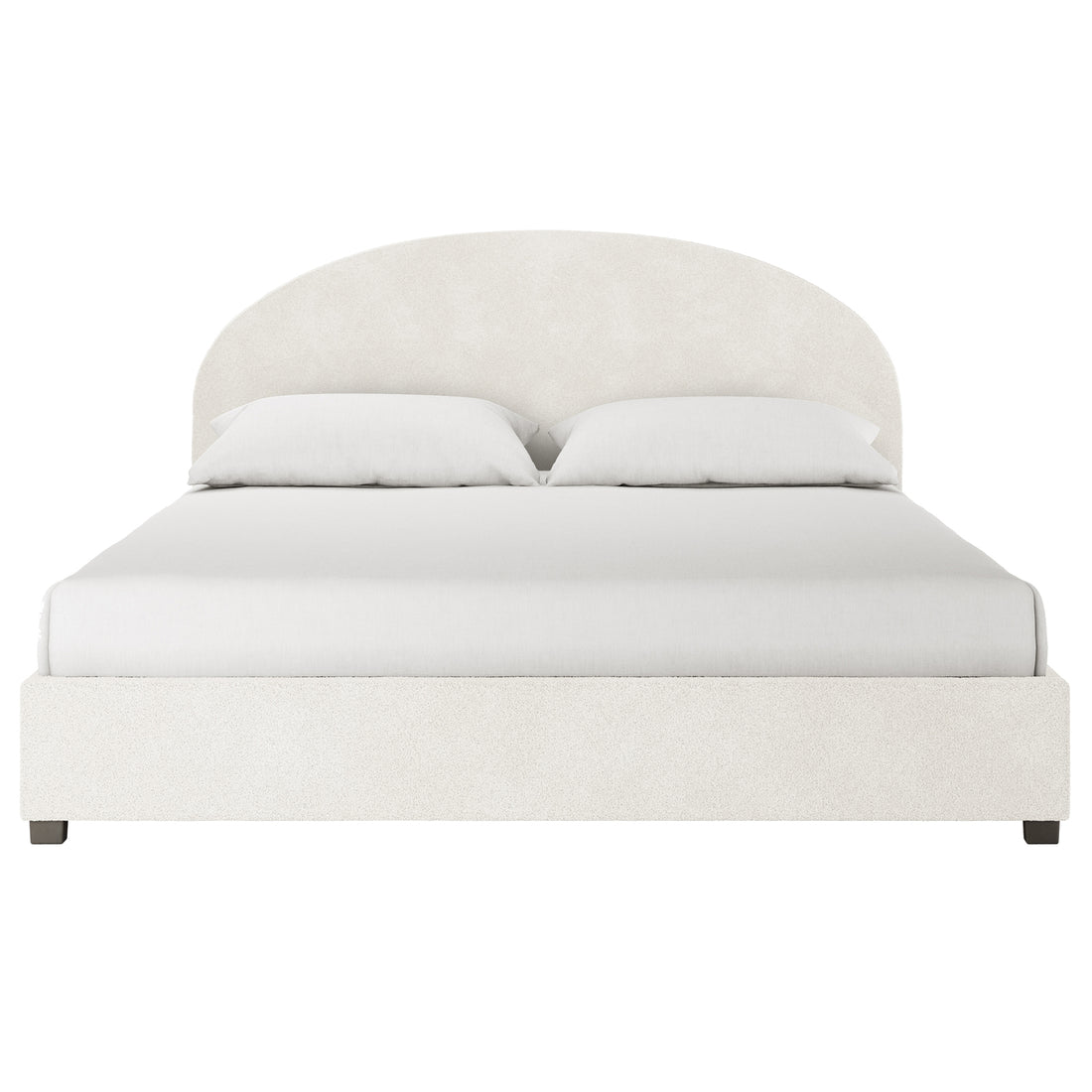 Lunia Super King Bouclé Bed Frame with Gas Lift Storage – Cream White features a low platform base, arch-shaped headboard, white bedding, and pillows in plush cream bouclé fabric, viewed from the foot.