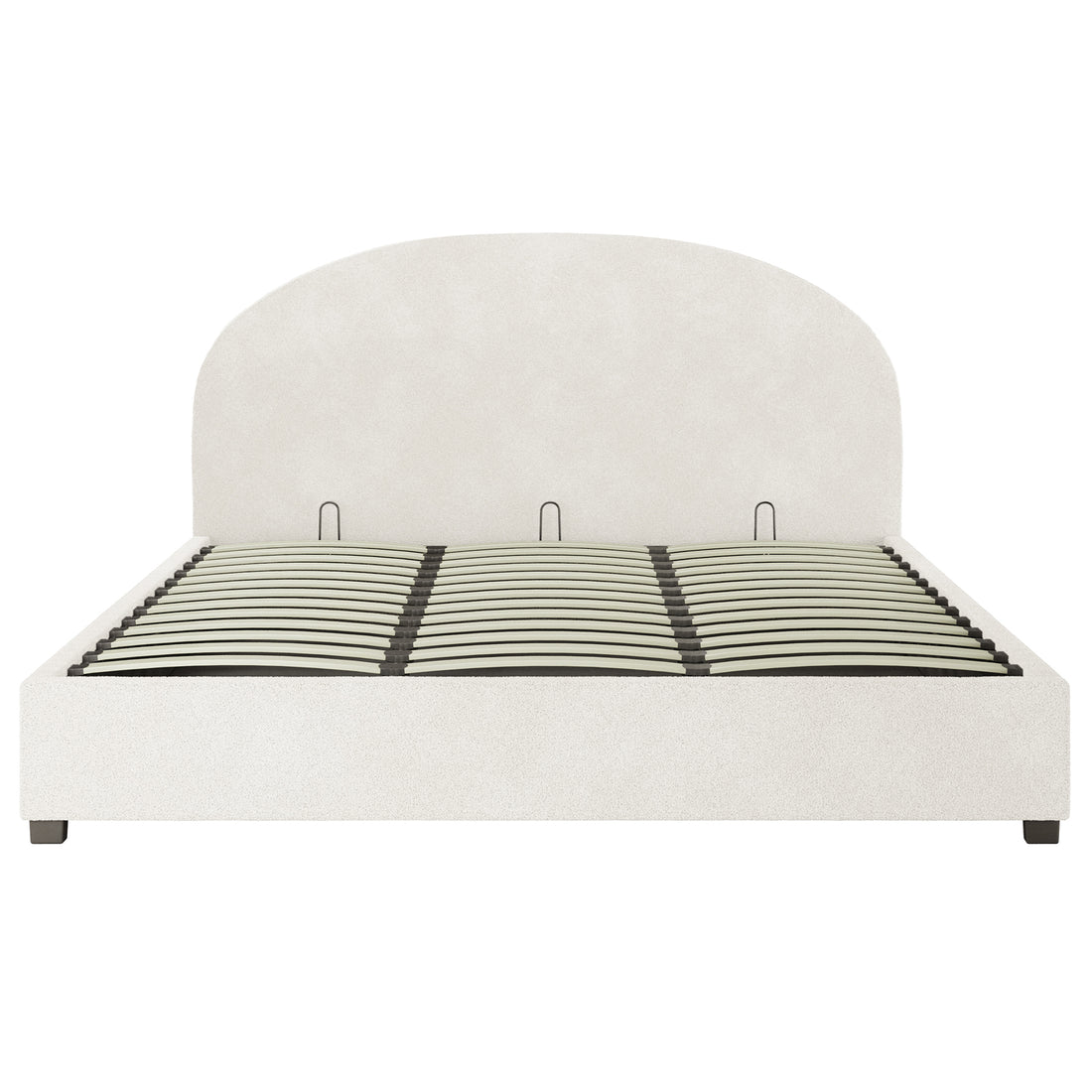 Lunia Super King Bouclé Bed Frame with Gas Lift Storage, featuring a curved headboard and slatted support, upholstered in light fabric, on short block legs. Mattress not included.