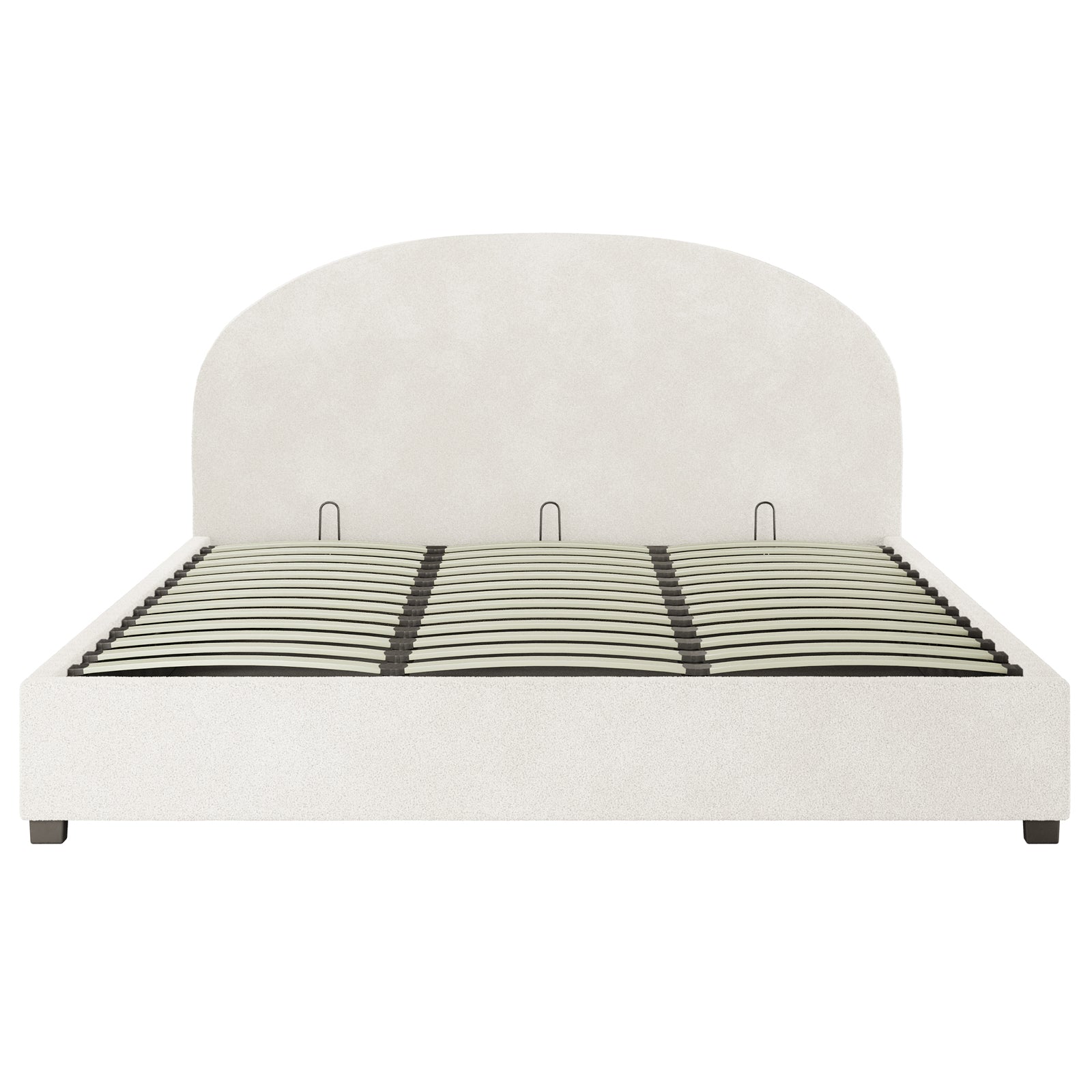 Lunia Super King Bouclé Bed Frame with Gas Lift Storage, featuring a curved headboard and slatted support, upholstered in light fabric, on short block legs. Mattress not included.