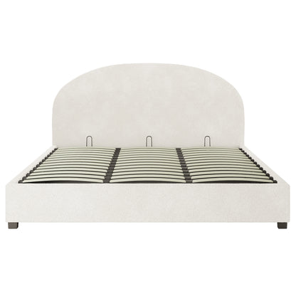 Lunia Super King Bouclé Bed Frame with Gas Lift Storage, featuring a curved headboard and slatted support, upholstered in light fabric, on short block legs. Mattress not included.