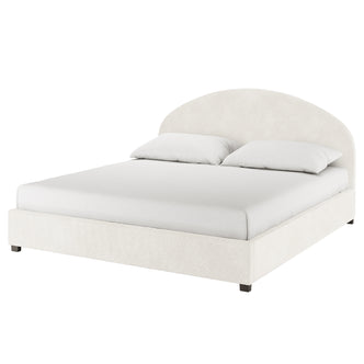 Lunia Super King Bouclé Bed Frame with Gas Lift Storage in cream white, featuring a modern low-profile design, arched headboard, and two pillows, showcasing elegant bouclé upholstery and practical storage.