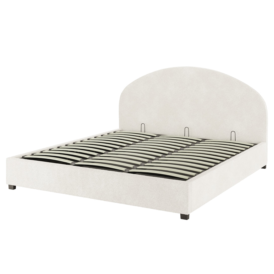 Lunia Super King Bouclé Bed Frame with Gas Lift Storage features a low-profile design, arched headboard, and sprung wooden slats. Wrapped in cream-white bouclé fabric, it offers modern elegance and practical storage.