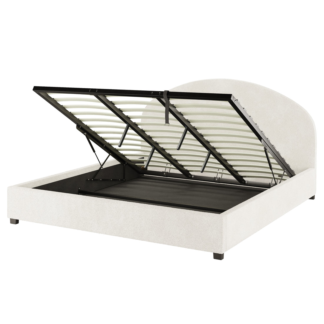 Lunia Super King Bouclé Bed Frame with Gas Lift Storage – Cream White, showcasing its upholstered headboard and platform-style frame, with hinged slatted support revealing expansive under-bed storage held by gas-spring pistons.