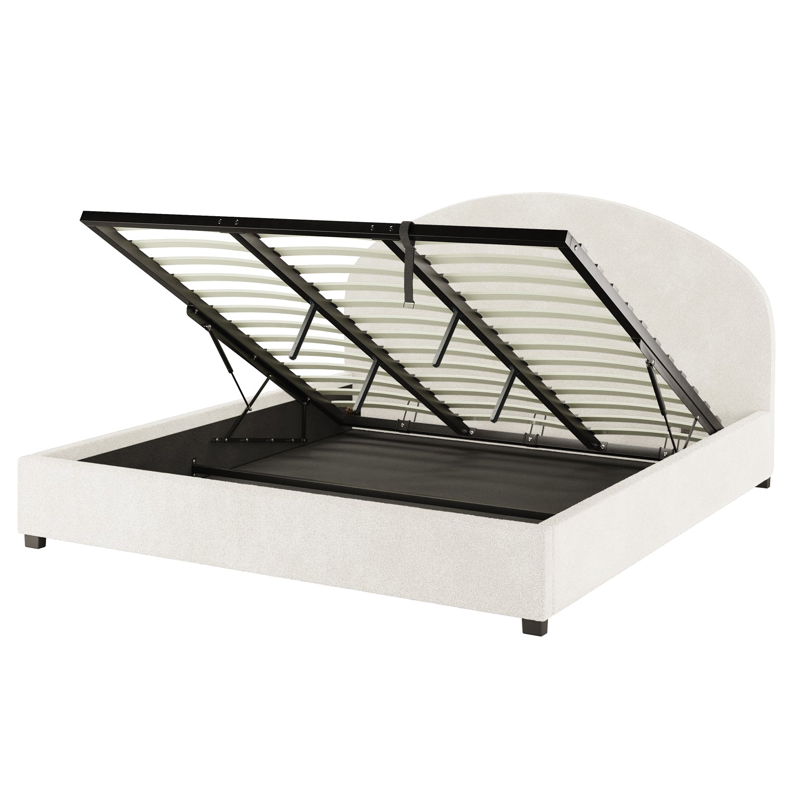 Lunia Super King Bouclé Bed Frame with Gas Lift Storage – Cream White, showcasing its upholstered headboard and platform-style frame, with hinged slatted support revealing expansive under-bed storage held by gas-spring pistons.