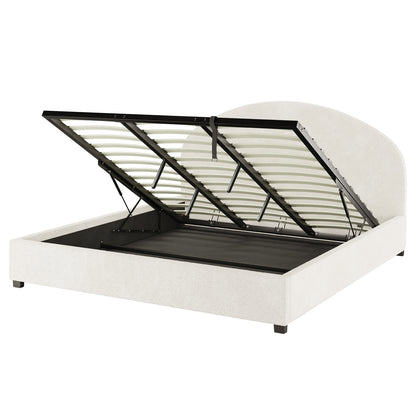 Lunia Super King Bouclé Bed Frame with Gas Lift Storage – Cream White, showcasing its upholstered headboard and platform-style frame, with hinged slatted support revealing expansive under-bed storage held by gas-spring pistons.
