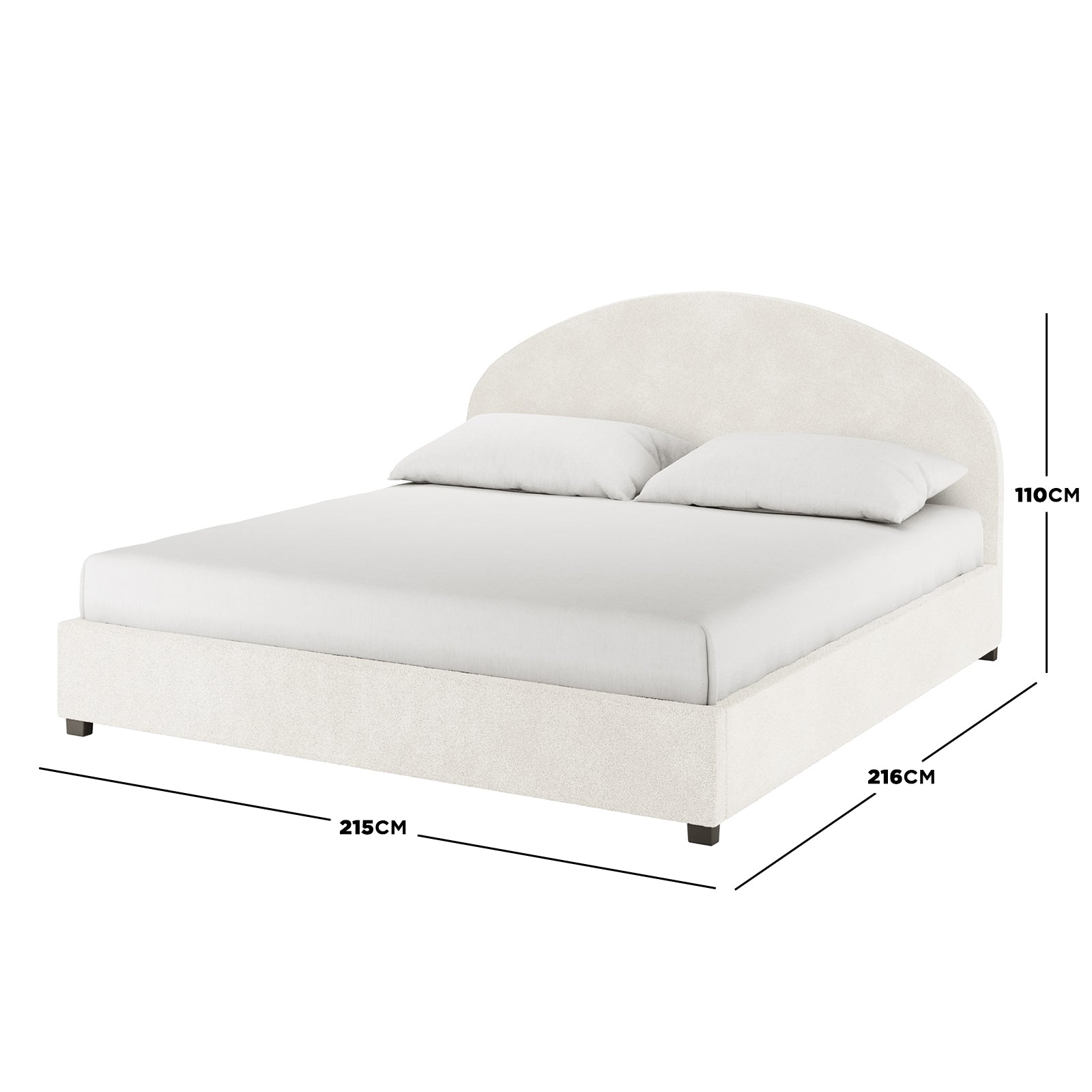 Lunia Super King Bouclé Bed Frame with Gas Lift Storage in cream white, featuring a low-profile design, plush upholstered headboard, and visible dimensions overlay. Dressed with a mattress and pillows, highlighting its luxurious and practical features.