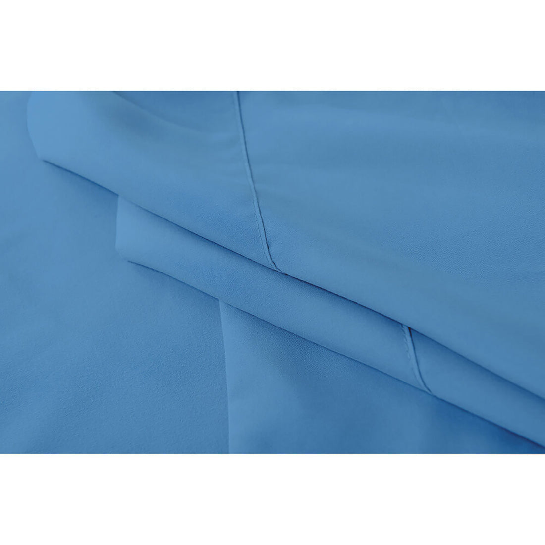 Close-up of the Valeria King 1000TC Ultra Soft Bed Sheet Set in Blue, showcasing the light-blue, folded fabric's smooth texture, highlighting its luxurious, silky softness and high thread count.