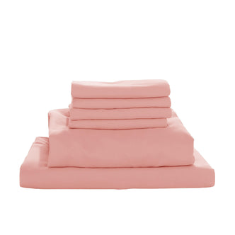Valeria 1000TC Ultra Soft Bed Sheet Set - Blush King Single: A neatly stacked set of pink sheets, showcasing luxurious, smooth fabric texture, includes fitted sheet, flat sheet, and two pillowcases.