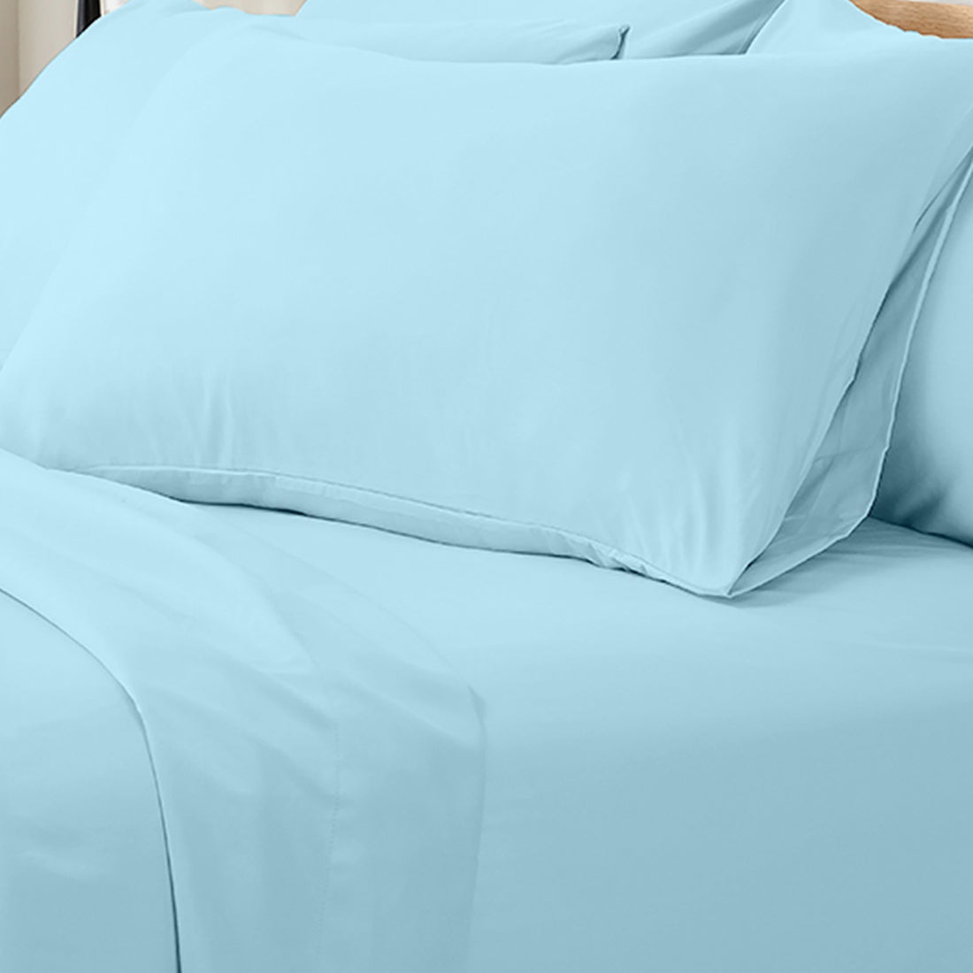 Close-up of the Valeria 1000TC Ultra Soft Bed Sheet Set – Light Blue, showcasing its silky texture and fine fabric detail, designed for king-sized beds to enhance luxurious comfort and elegance.