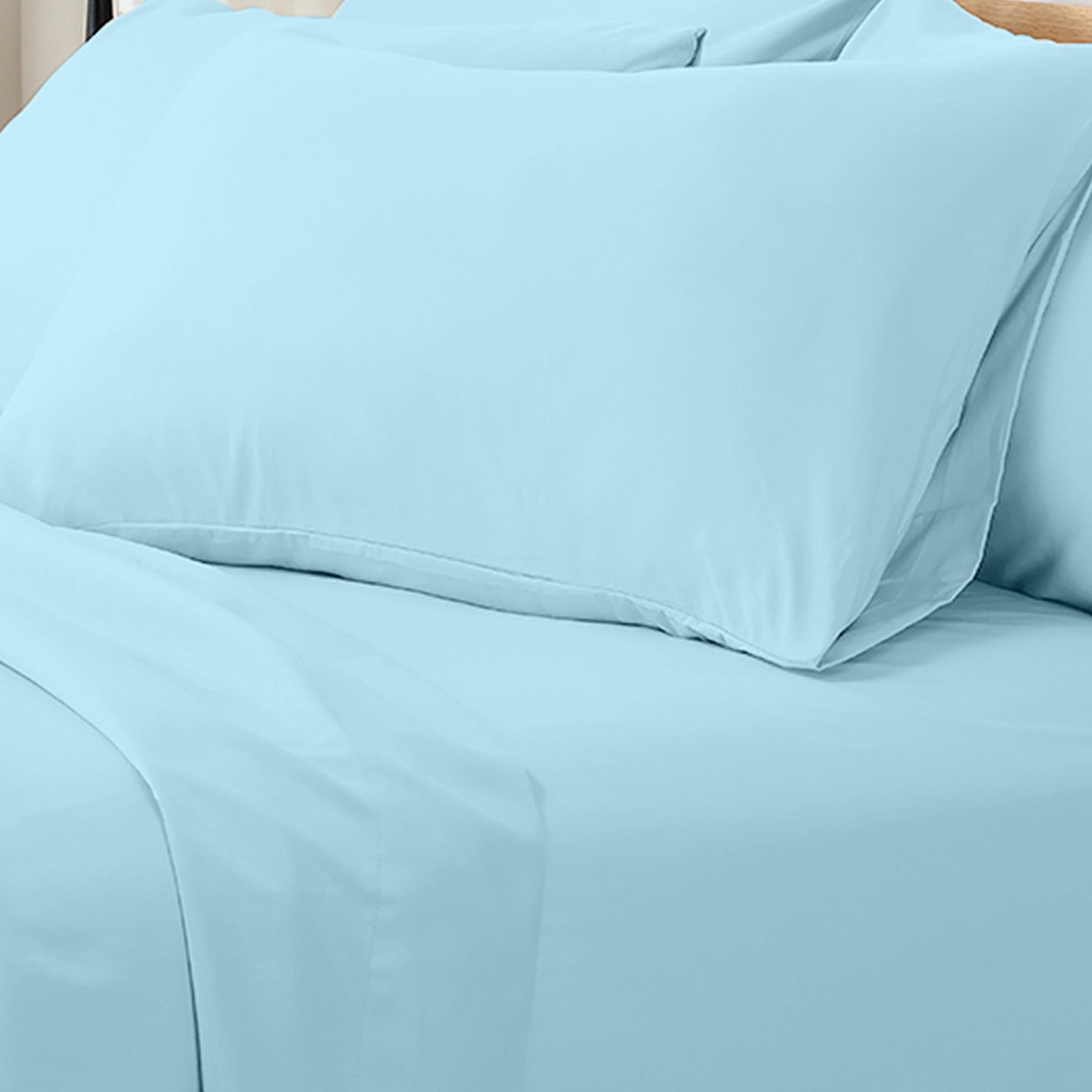 Close-up of the Valeria 1000TC Ultra Soft Bed Sheet Set – Light Blue, showcasing its silky texture and fine fabric detail, designed for king-sized beds to enhance luxurious comfort and elegance.