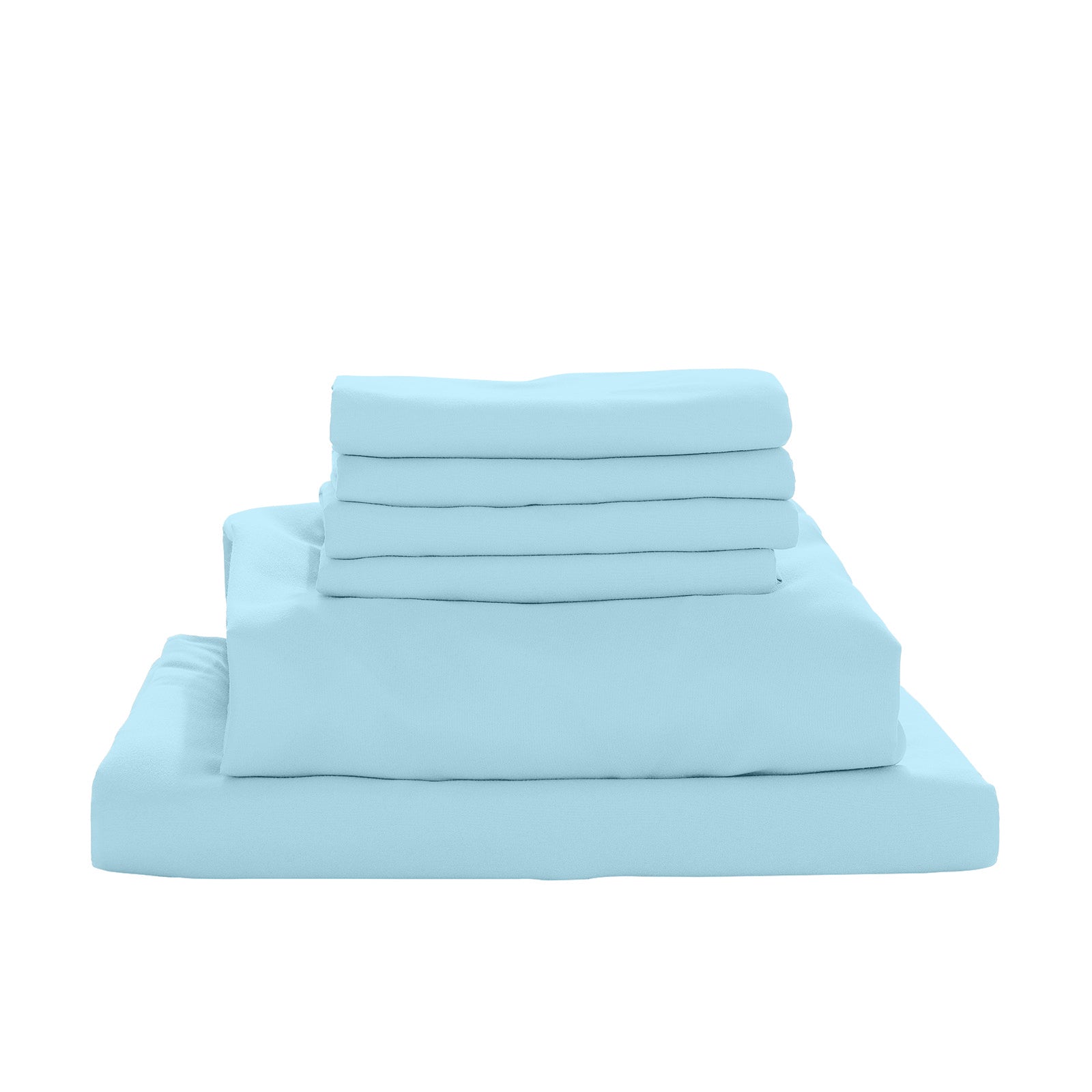 Stack of the Valeria 1000TC Ultra Soft Bed Sheet Set – Light Blue, king-sized, highlighting its smooth texture and luxurious finish, showcasing the neatly folded flat sheet, fitted sheet, and pillowcases.