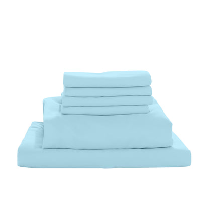 Stack of the Valeria 1000TC Ultra Soft Bed Sheet Set – Light Blue, king-sized, highlighting its smooth texture and luxurious finish, showcasing the neatly folded flat sheet, fitted sheet, and pillowcases.