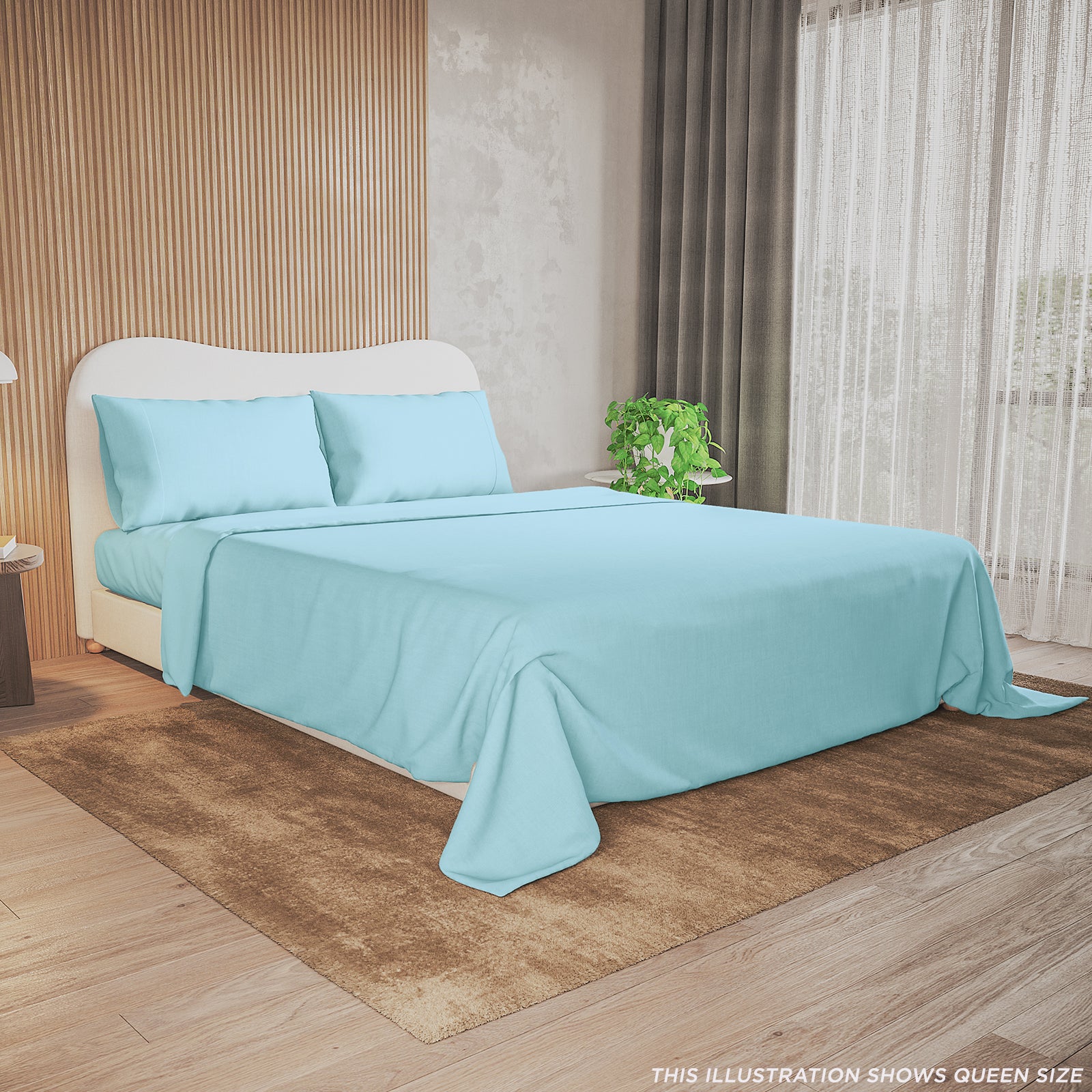 Valeria 1000TC Ultra Soft Bed Sheet Set King – Light Blue displayed on a neatly made bed, showcasing its silky texture and elegant design with a close-up of accompanying blue pillows.