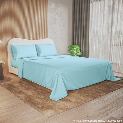 Valeria 1000TC Ultra Soft Bed Sheet Set King – Light Blue displayed on a neatly made bed, showcasing its silky texture and elegant design with a close-up of accompanying blue pillows.