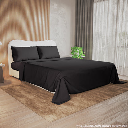 Valeria 1000TC Ultra Soft Bed Sheet Set King Single – Black, displayed on a neatly made bed, showcasing its sleek texture and sophisticated appearance, enhancing the bedroom's modern interior design.