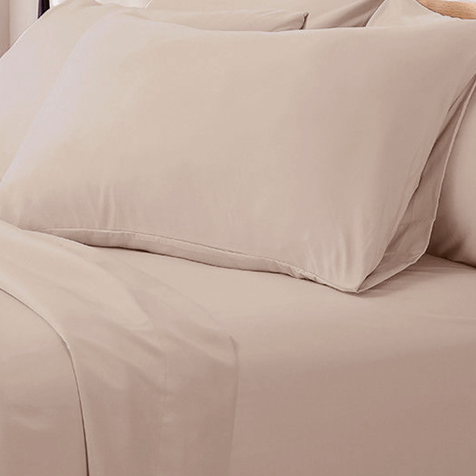 Valeria King Single 1000TC Ultra Soft Bed Sheet Set in Cream, showcasing a neatly made bed with a beige pillow in a matching pillowcase atop smooth, matching bed sheets.