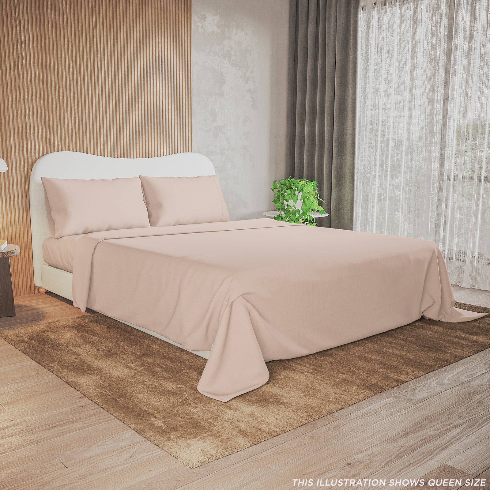 Queen-sized bed with Valeria King Single 1000TC Ultra Soft Bed Sheet Set in Cream, featuring pale beige sheets and pillows, set against a light wood accent wall with bedside tables and a plush rug.