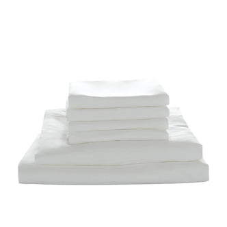 Valeria 1000TC Ultra Soft Bed Sheet Set King Single – White; a neatly stacked set of luxurious white sheets showcasing smooth fabric and elegant design, emphasizing comfort and quality for a king single bed.