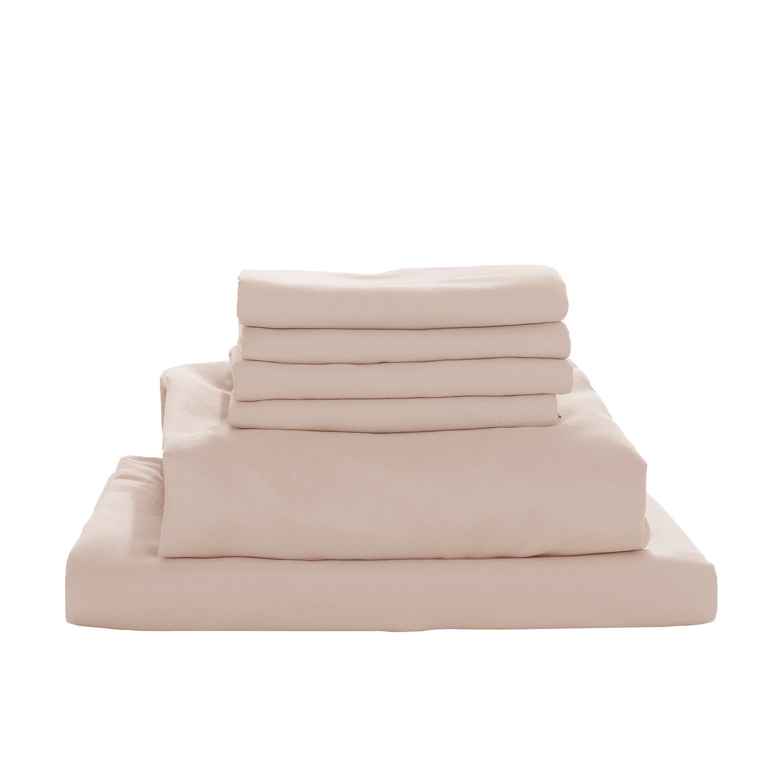 Valeria Single 1000TC Ultra Soft Bed Sheet Set in Cream, showcasing a neatly stacked arrangement with a fitted sheet, flat sheet, and several folded pillowcases, emphasizing luxury and comfort.