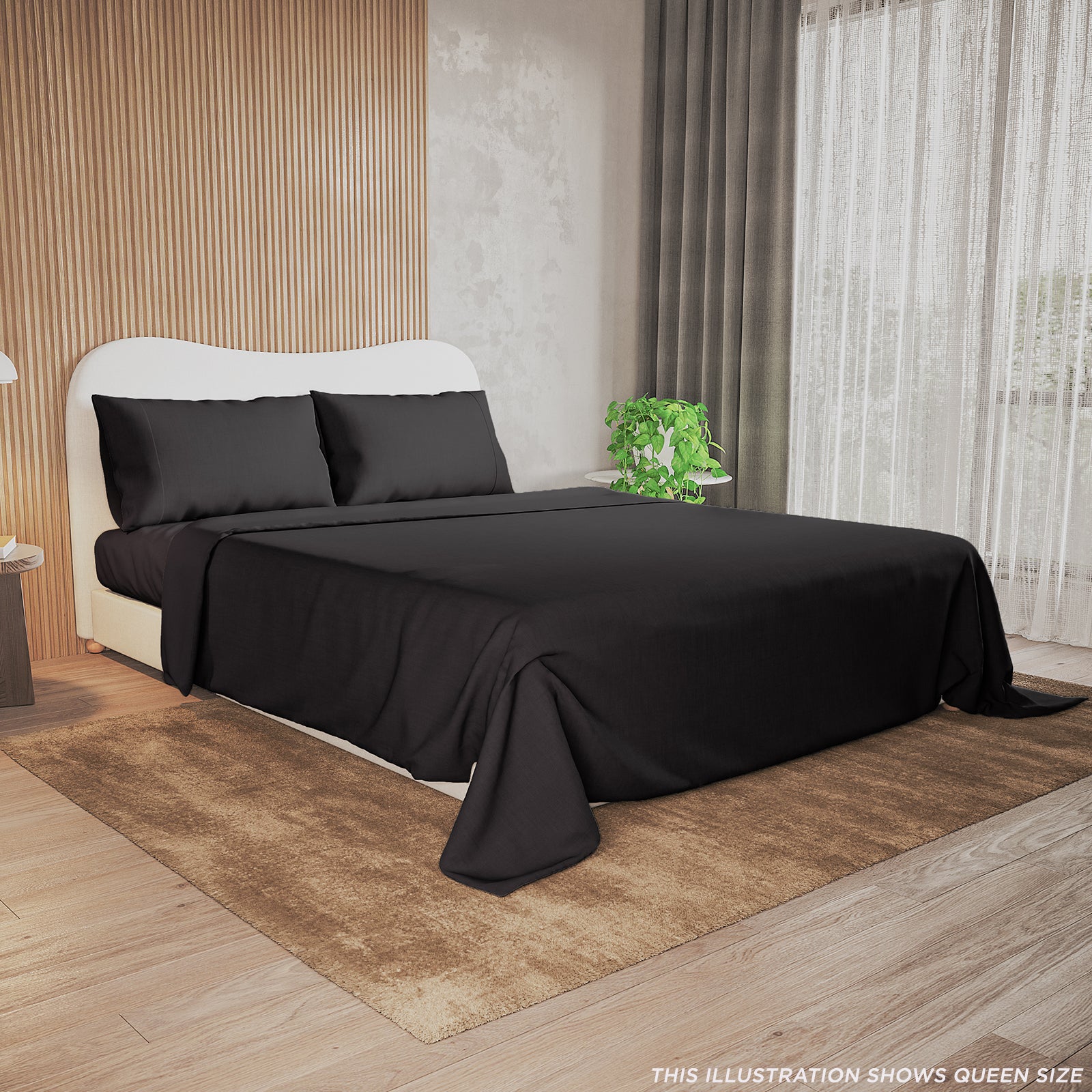 Valeria 1000TC Ultra Soft Bed Sheet Set – Black displayed on a neatly made bed, highlighting its luxurious texture and modern elegance, with a close-up showing the silky, high-thread-count fabric.