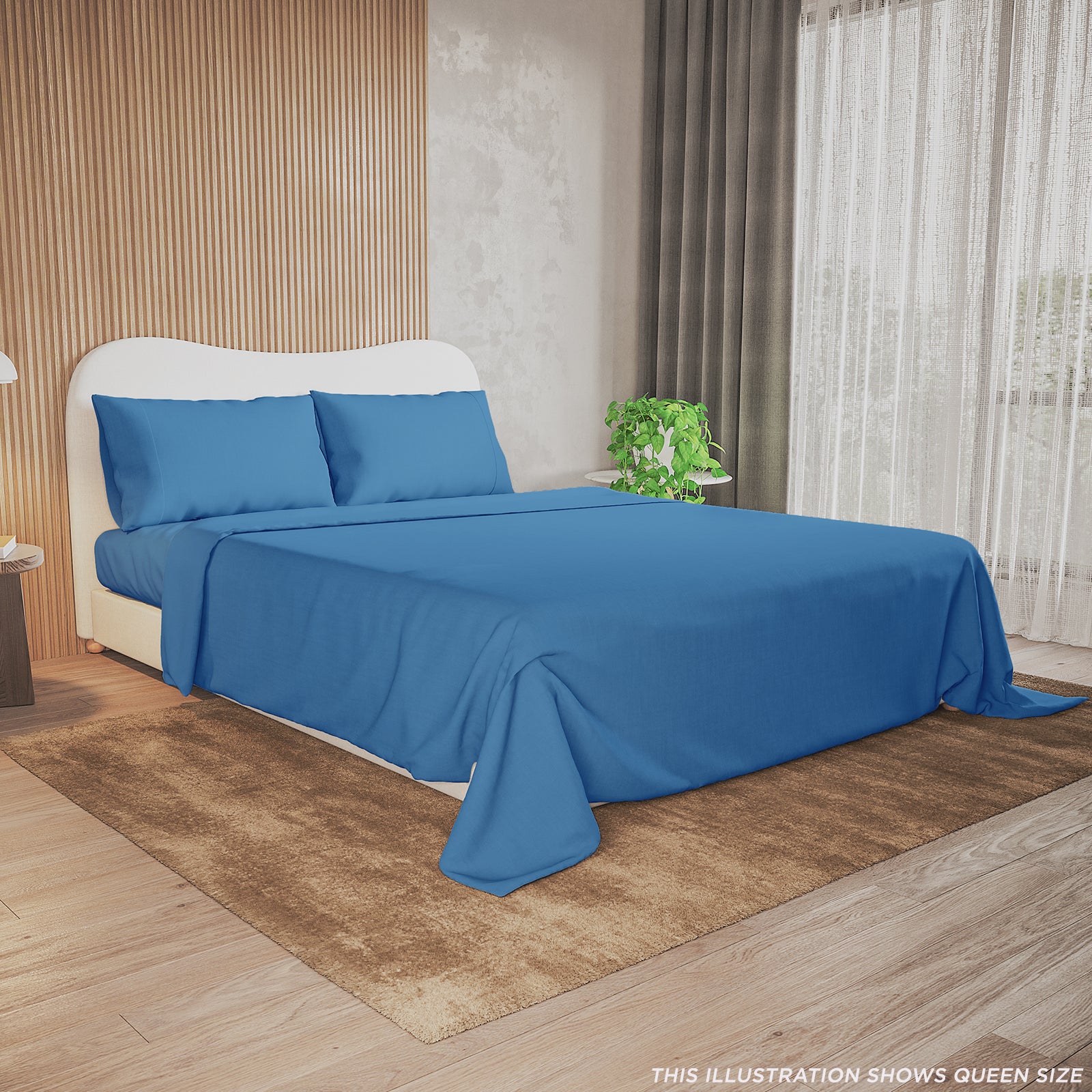 Valeria Super King 1000TC Ultra Soft Bed Sheet Set in Blue on a queen-size bed with bright blue sheets, matching pillows, medium-brown rug, and wood-slat accent wall, highlighting its luxurious and elegant appeal.
