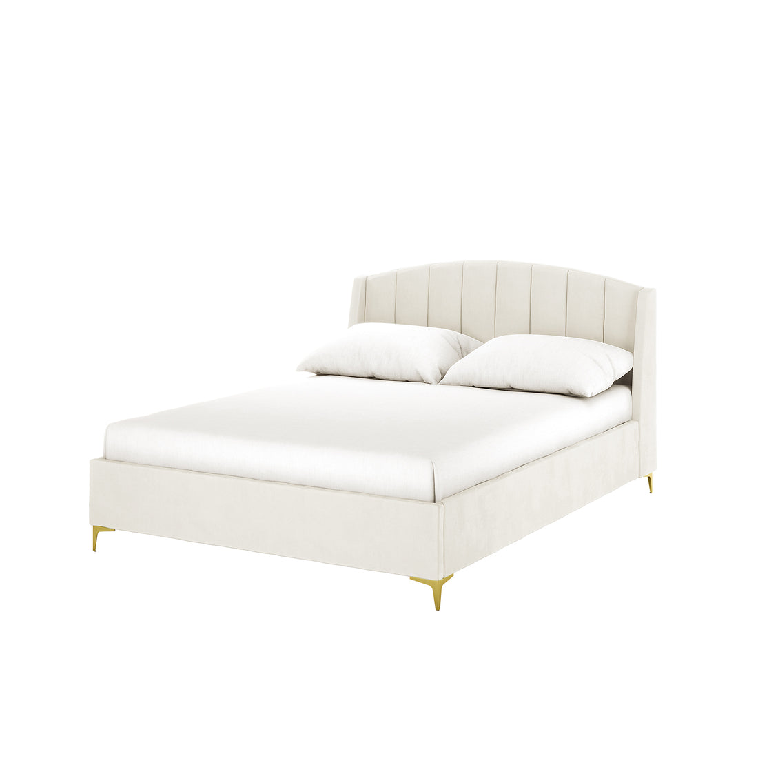 Lyra Velvet Bed Frame with Winged Headboard in Cream White, featuring a tufted, padded headboard. The bed is shown with a white pillow, emphasizing its luxurious velvet fabric and gold chrome legs.