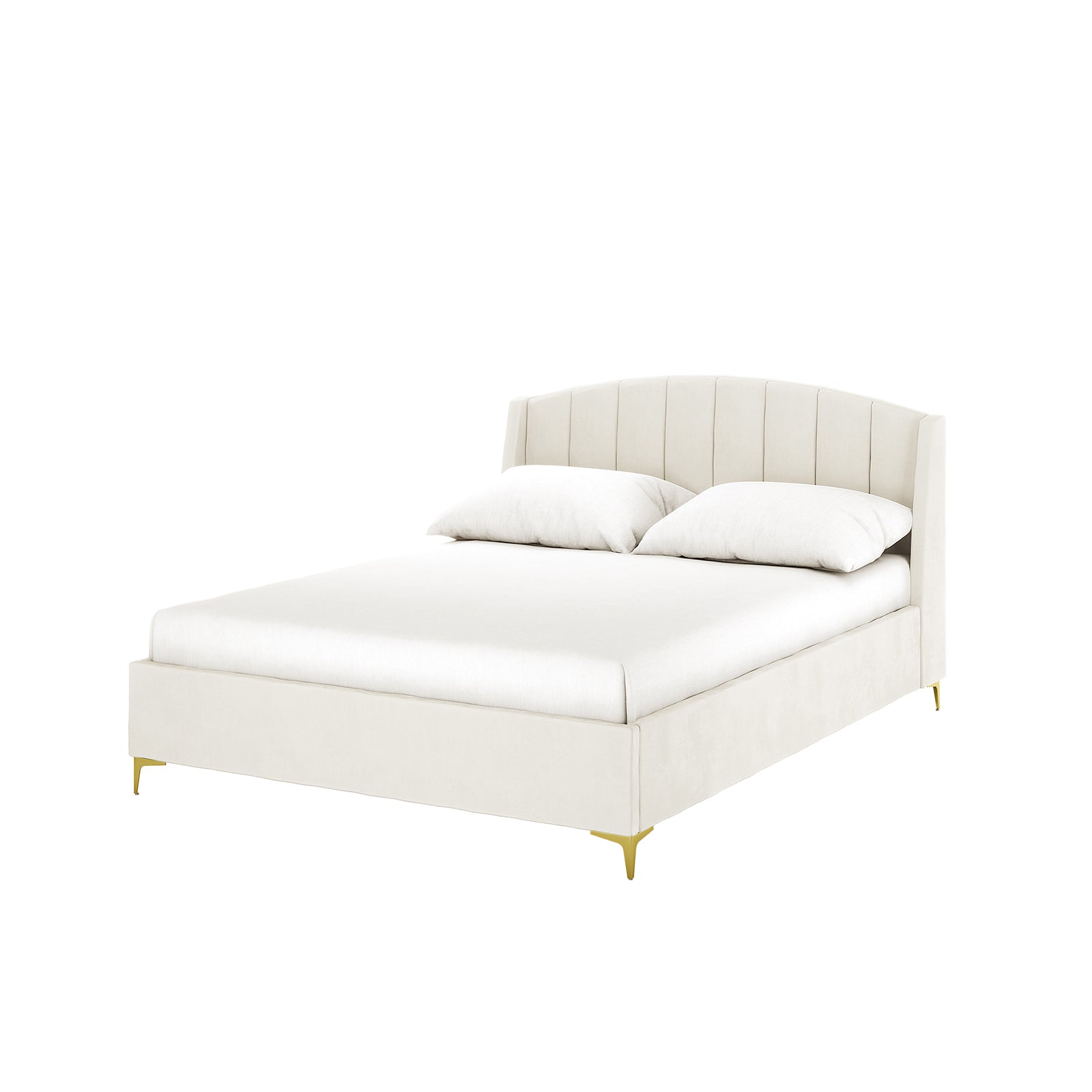 Lyra Velvet Bed Frame with Winged Headboard in Cream White, featuring a tufted, padded headboard. The bed is shown with a white pillow, emphasizing its luxurious velvet fabric and gold chrome legs.