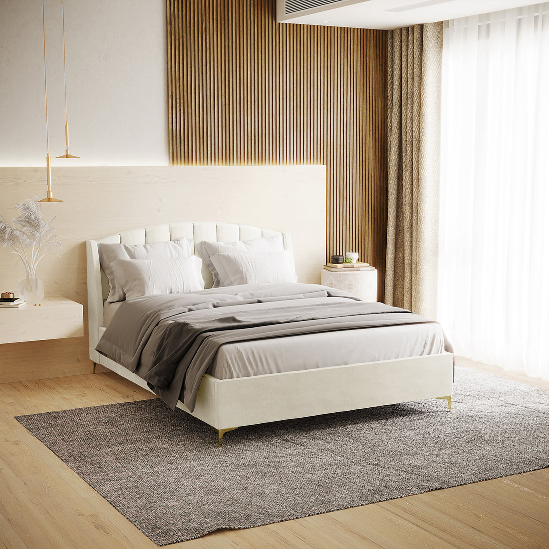 Lyra Velvet Bed Frame with Winged Headboard - Cream White Double, featuring a close-up of its plush, tufted, and padded headboard, highlighting its luxurious velvet texture and elegant design.