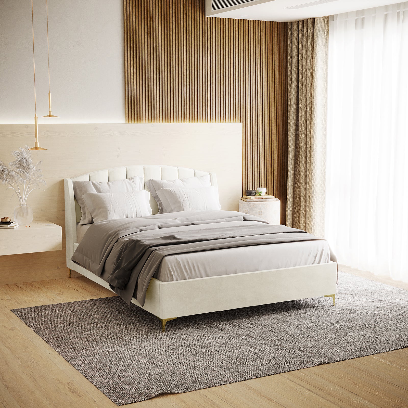 Lyra Velvet Bed Frame with Winged Headboard - Cream White Double, featuring a close-up of its plush, tufted, and padded headboard, highlighting its luxurious velvet texture and elegant design.