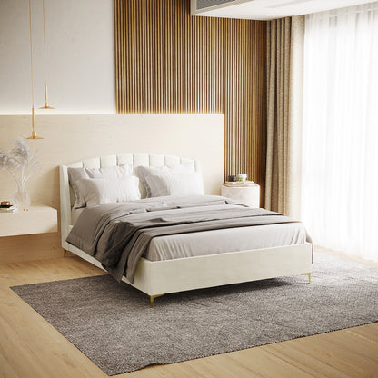 Lyra Velvet Bed Frame with Winged Headboard - Cream White Double, featuring a close-up of its plush, tufted, and padded headboard, highlighting its luxurious velvet texture and elegant design.