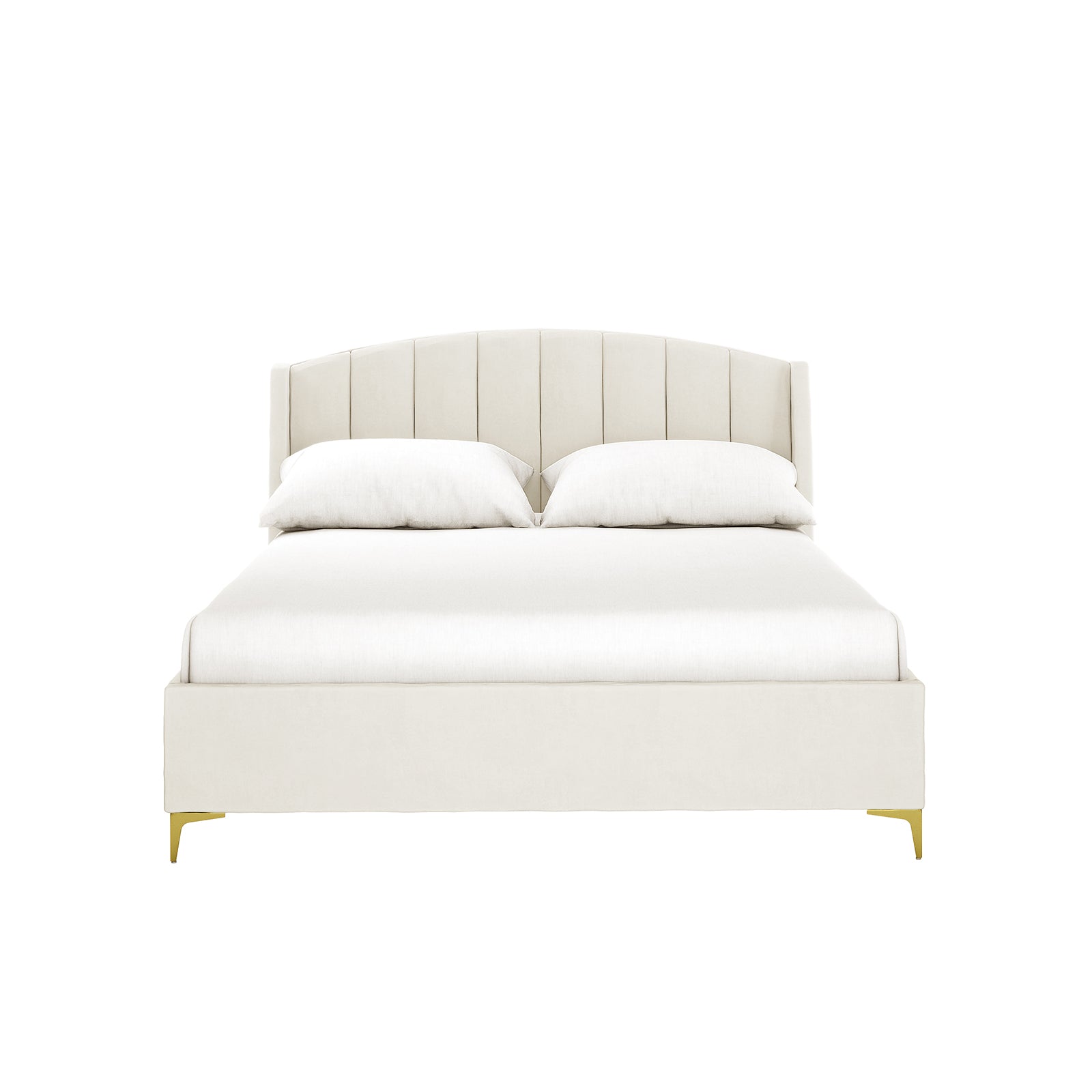 Lyra Velvet Bed Frame with Winged Headboard - Cream White Double featuring a tufted, padded headboard, gold chrome legs, and soft velvet fabric, providing a luxurious and inviting bedroom centerpiece.