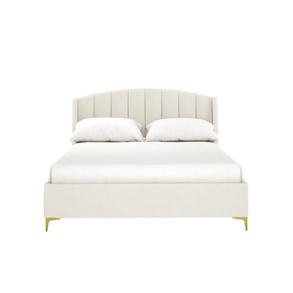 Lyra Velvet Bed Frame with Winged Headboard - Cream White Double featuring a tufted, padded headboard, gold chrome legs, and soft velvet fabric, providing a luxurious and inviting bedroom centerpiece.