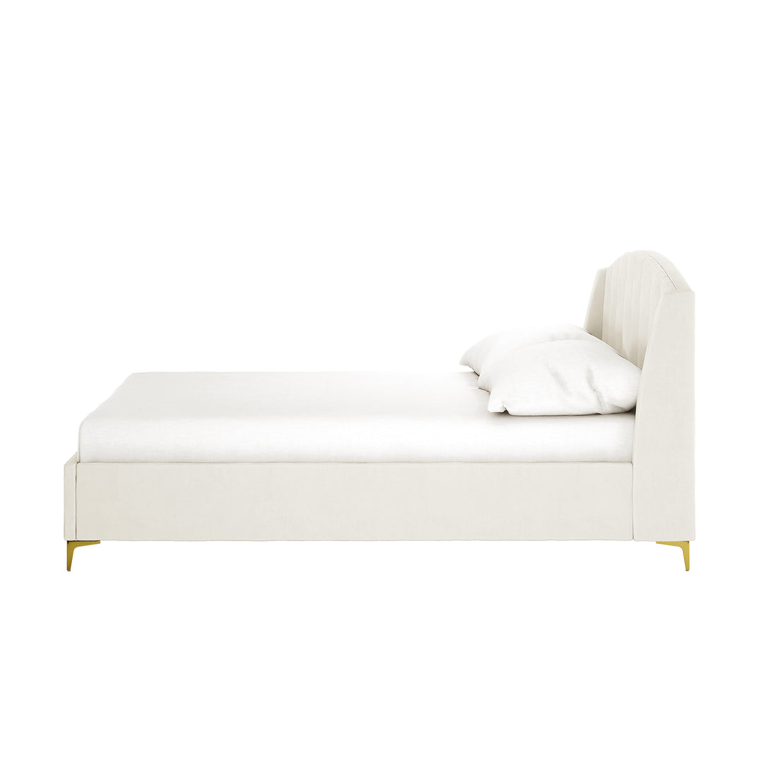 Lyra Velvet Bed Frame with Winged Headboard - Cream White Double, displayed with a plush white pillow, highlights its elegant tufted design and luxurious velvet fabric, creating a cosy, refined bedroom ambiance.