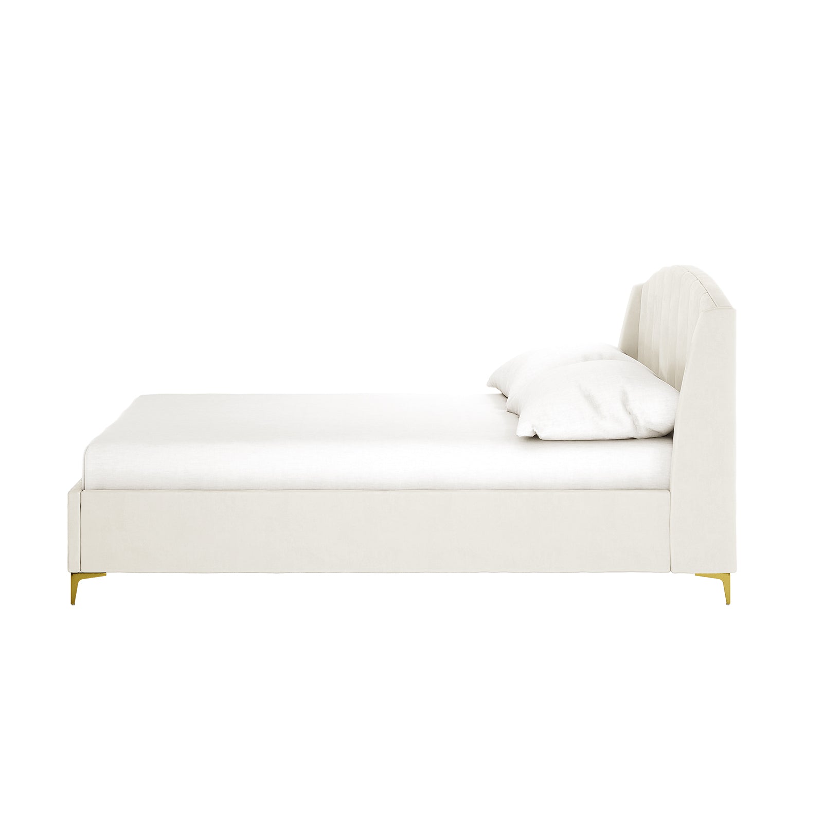 Lyra Velvet Bed Frame with Winged Headboard - Cream White Double, displayed with a plush white pillow, highlights its elegant tufted design and luxurious velvet fabric, creating a cosy, refined bedroom ambiance.