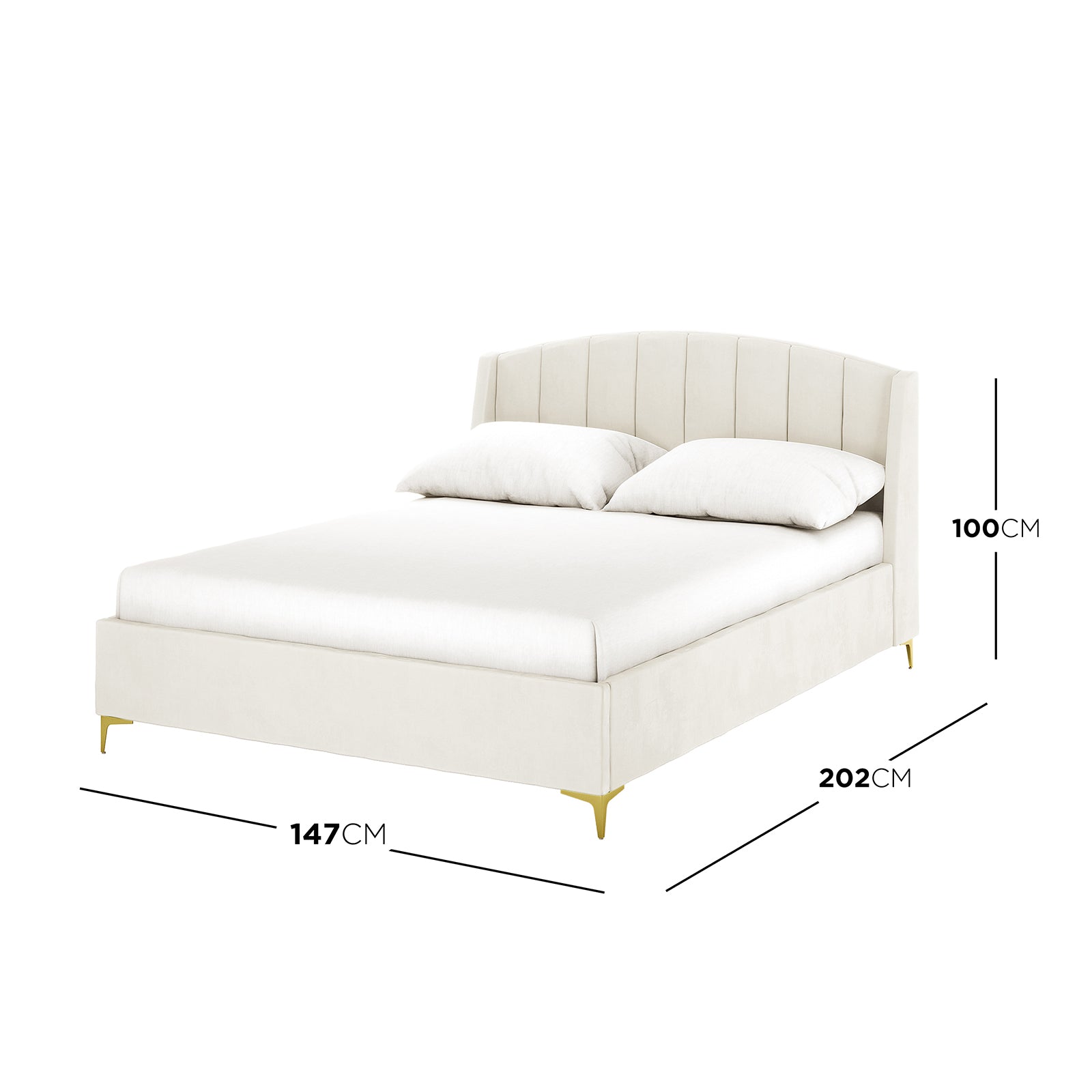 Lyra Velvet Bed Frame with Winged Headboard - Cream White Double displayed with a plush white pillow, showcasing its tufted, padded headboard and elegant velvet fabric, emphasizing luxurious comfort.