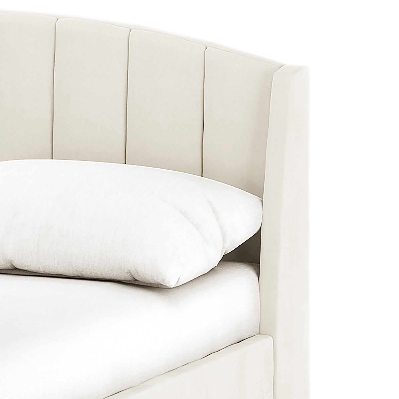 Lyra Velvet Bed Frame with Winged Headboard - Cream White Double, featuring a close-up of the padded, tufted winged headboard, showcases its luxurious velvet texture and elegant design.