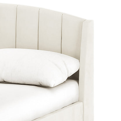 Lyra Velvet Bed Frame with Winged Headboard - Cream White Double, featuring a close-up of the padded, tufted winged headboard, showcases its luxurious velvet texture and elegant design.