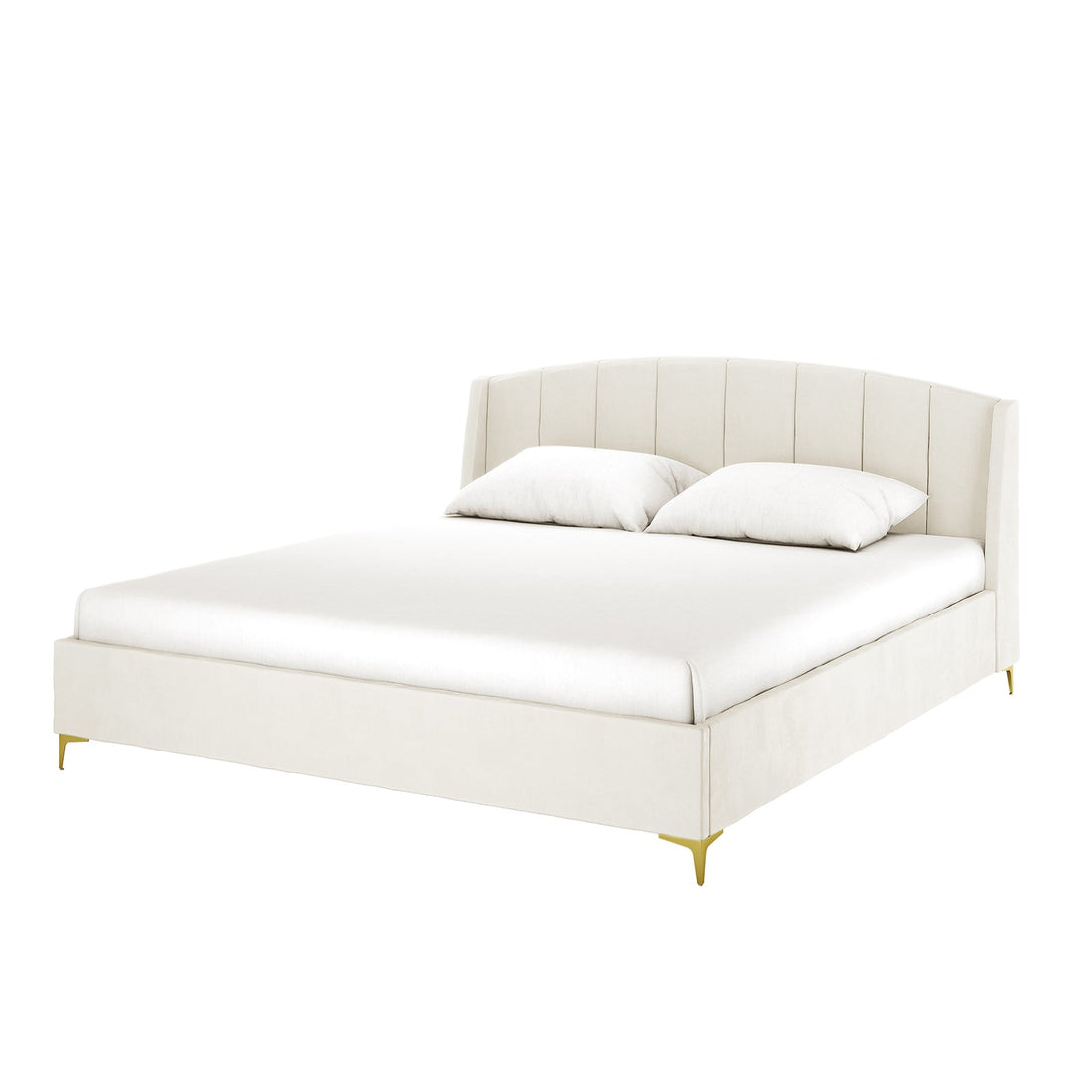 Lyra Velvet Bed Frame with Winged Headboard - Cream White King, featuring a tufted, padded headboard and smooth velvet fabric, showcased on a bed with a white pillow.