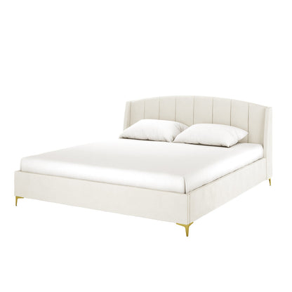 Lyra Velvet Bed Frame with Winged Headboard - Cream White King, featuring a tufted, padded headboard and smooth velvet fabric, showcased on a bed with a white pillow.