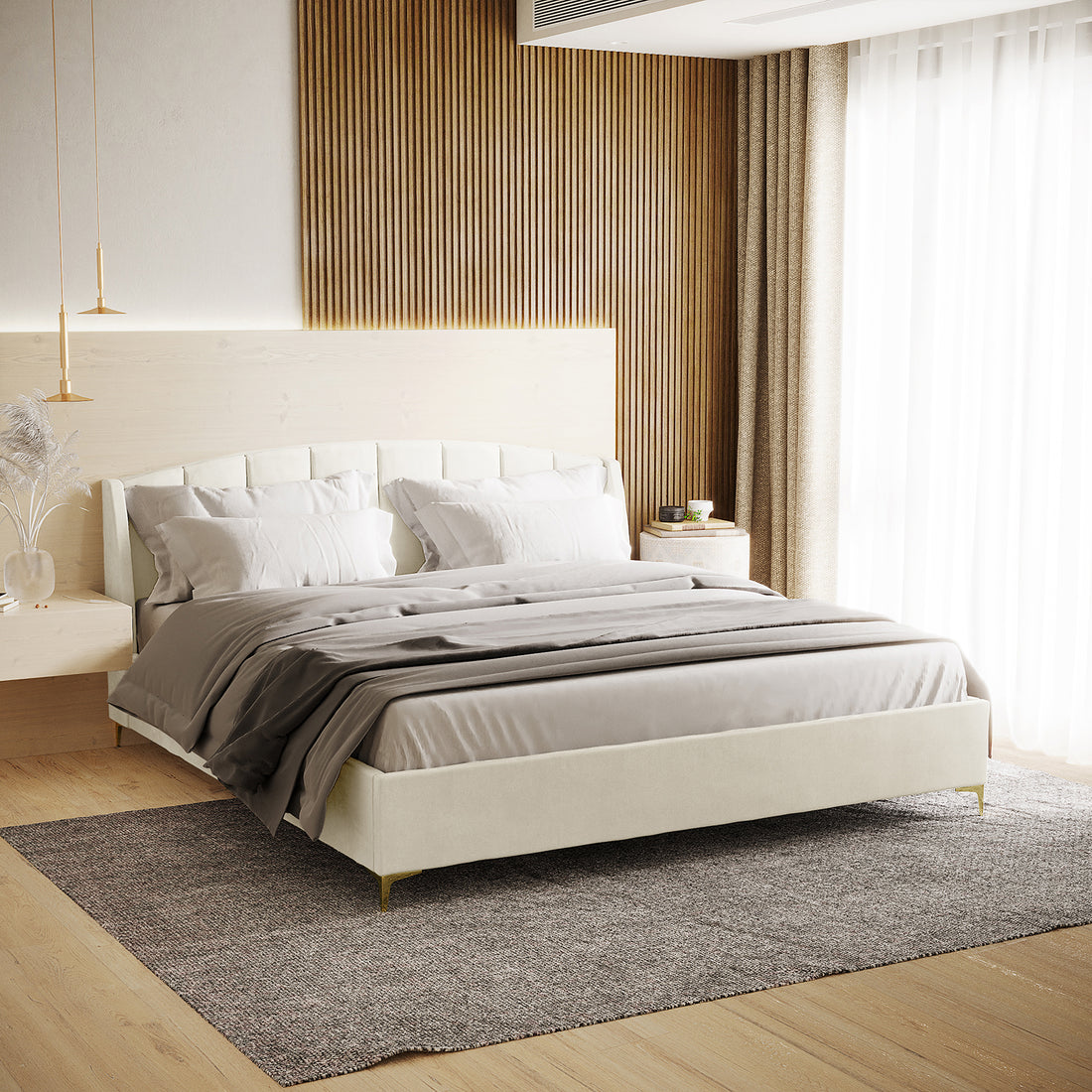Lyra Velvet Bed Frame with Winged Headboard - Cream White King is shown with a tufted, padded headboard and gold chrome legs, displayed in a stylish bedroom setting with elegant bedding.