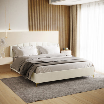 Lyra Velvet Bed Frame with Winged Headboard - Cream White King is shown with a tufted, padded headboard and gold chrome legs, displayed in a stylish bedroom setting with elegant bedding.