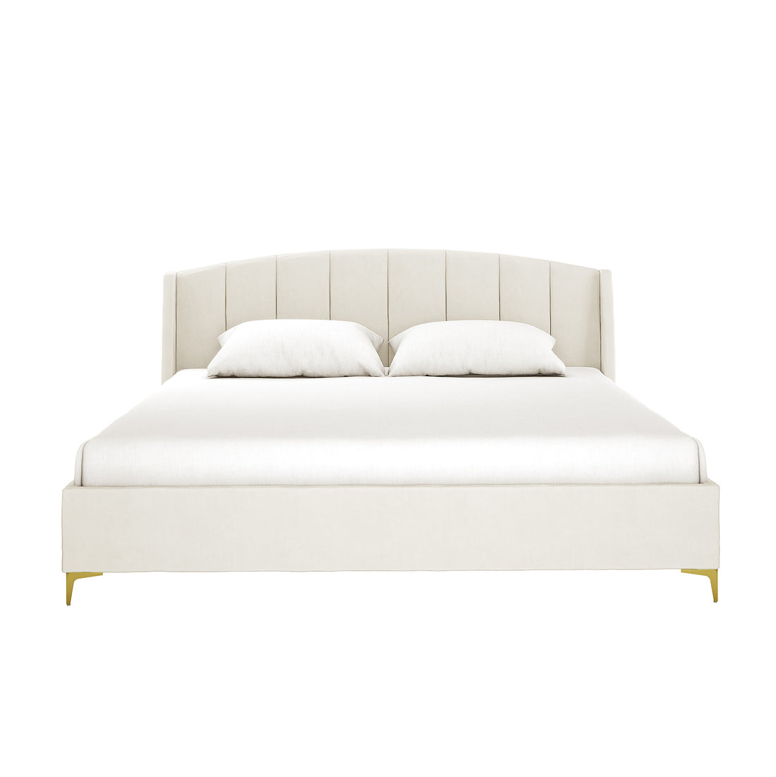Lyra Velvet Bed Frame with Winged Headboard - Cream White King, features a plush velvet texture, tufted winged headboard, and sleek gold chrome legs, offering both elegance and comfort in a modern bedroom setting.