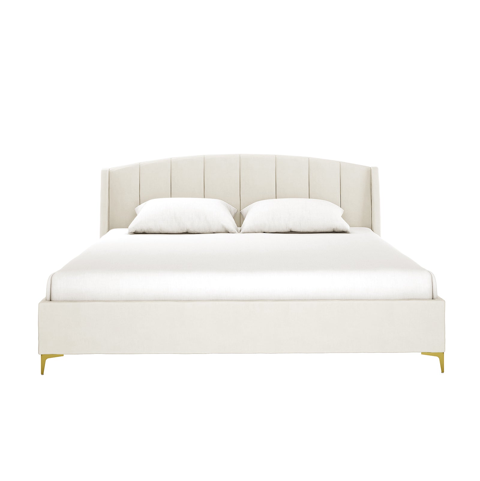 Lyra Velvet Bed Frame with Winged Headboard - Cream White King, features a plush velvet texture, tufted winged headboard, and sleek gold chrome legs, offering both elegance and comfort in a modern bedroom setting.