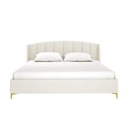 Lyra Velvet Bed Frame with Winged Headboard - Cream White King, features a plush velvet texture, tufted winged headboard, and sleek gold chrome legs, offering both elegance and comfort in a modern bedroom setting.