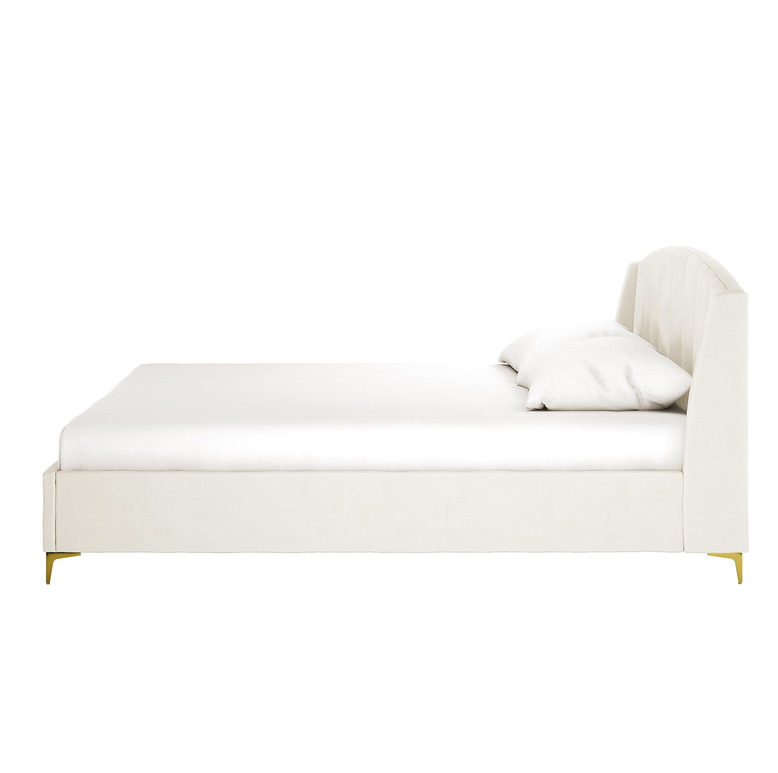 Lyra Velvet Bed Frame with Winged Headboard - Cream White King features a plush, tufted headboard and sleek gold chrome legs, exuding luxury and comfort in any bedroom setting.